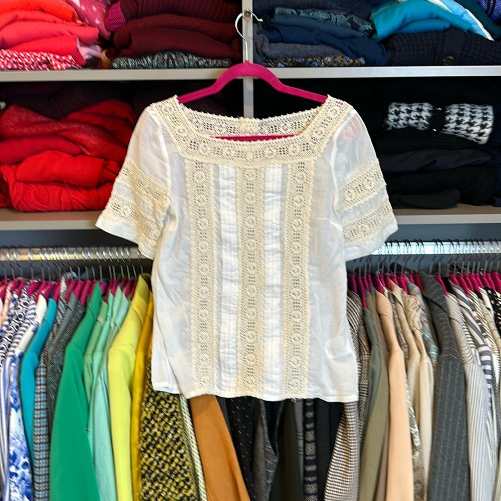 Tory Burch Cream Crochet-Trim Short Sleeve Blouse